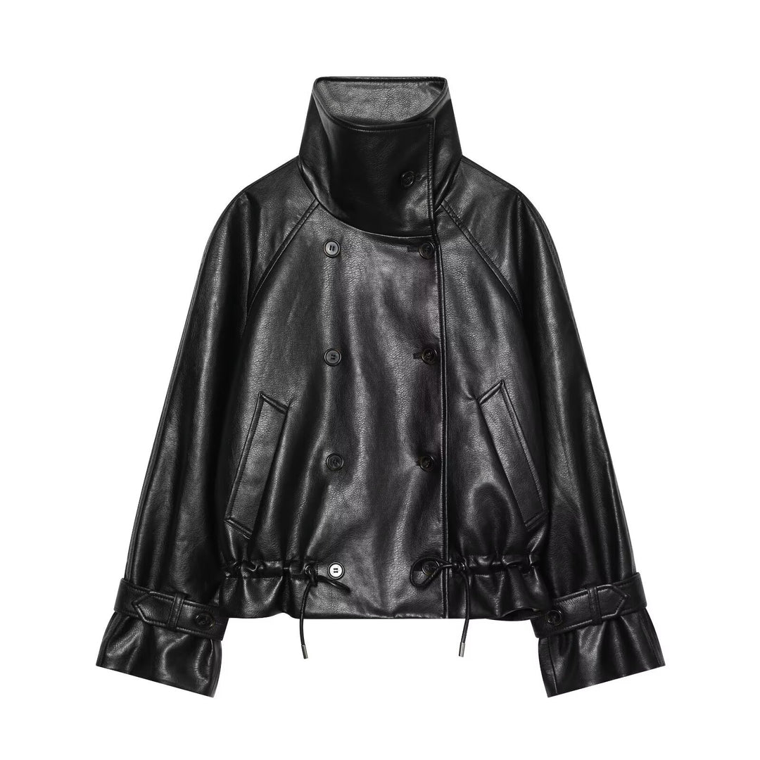 Damen Kurze Lederimitat-Jacke mit hohem Stehkragen, Doppelreihe und Kordelzugbund Shop Nory