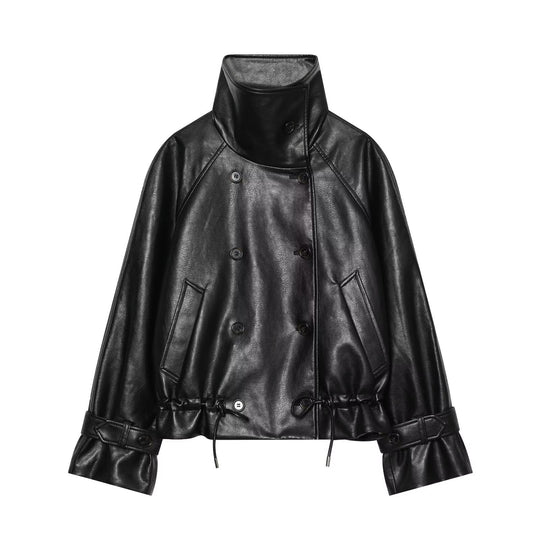Damen Kurze Lederimitat-Jacke mit hohem Stehkragen, Doppelreihe und Kordelzugbund Shop Nory