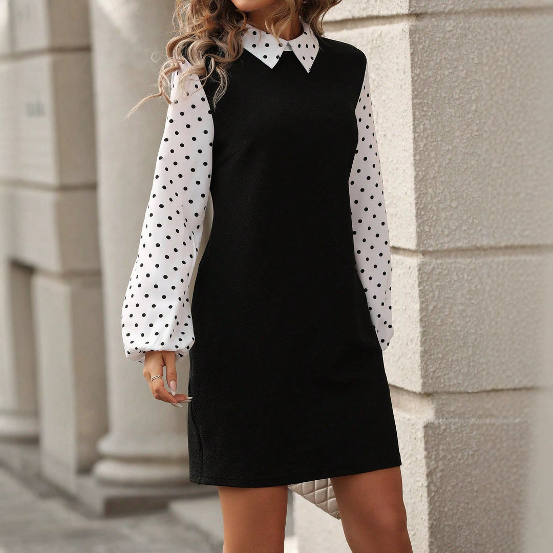 Damen Kontrastblusenkleid mit gepufften Polka-Dot-Ärmeln und Hemdkragen Shop Nory