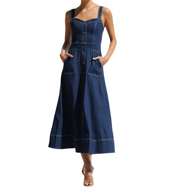Damen langes Jeanskleid mit Knopfleiste und praktischen Taschen