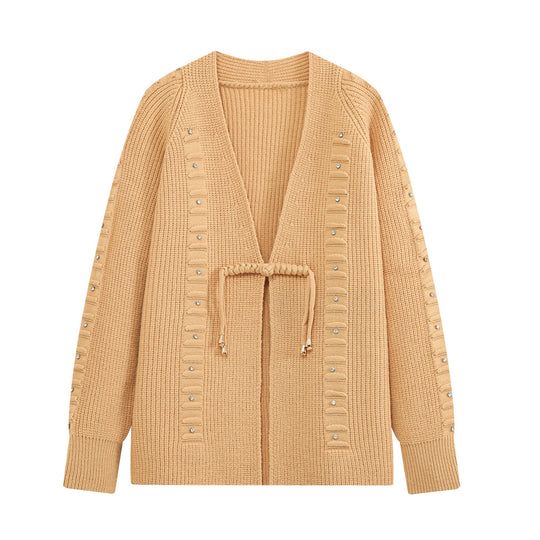 Damen Grobstrick-Cardigan mit Strassbesatz, Flechtkordel und offenem V-Ausschnitt Shop Nory