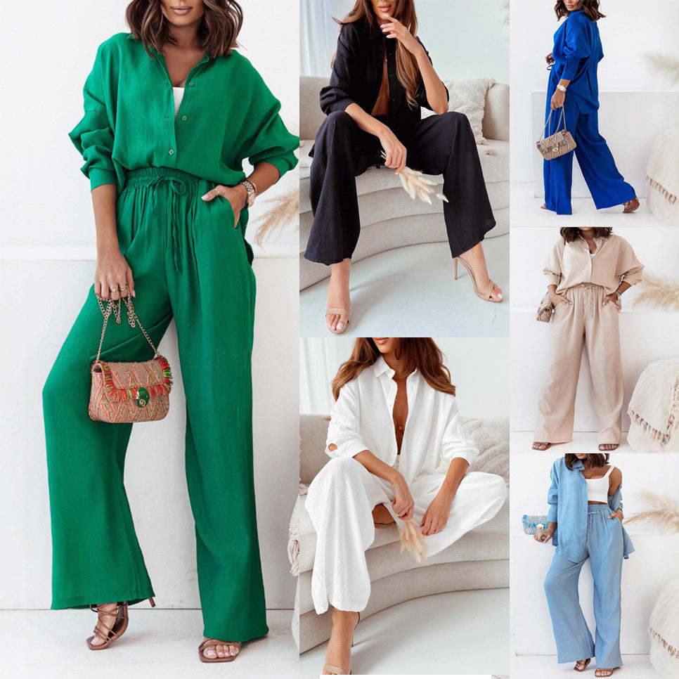 Damen Crinkle-Lounge-Set mit oversized Hemdbluse und weiten Palazzo-Hosen Shop Nory