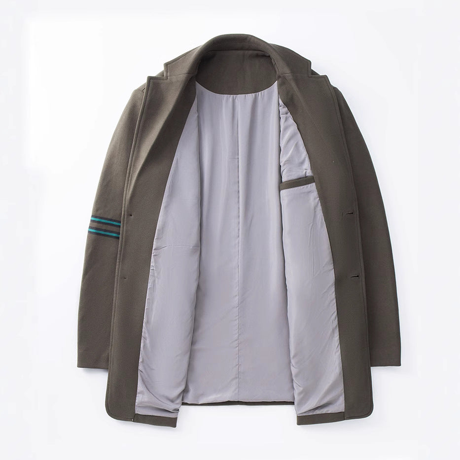 Herren Casual Wollmix-Übergangsmantel mit Revers, Zwei-Knopf-Verschluss und gestreiftem Ärmel-Detail Shop Nory