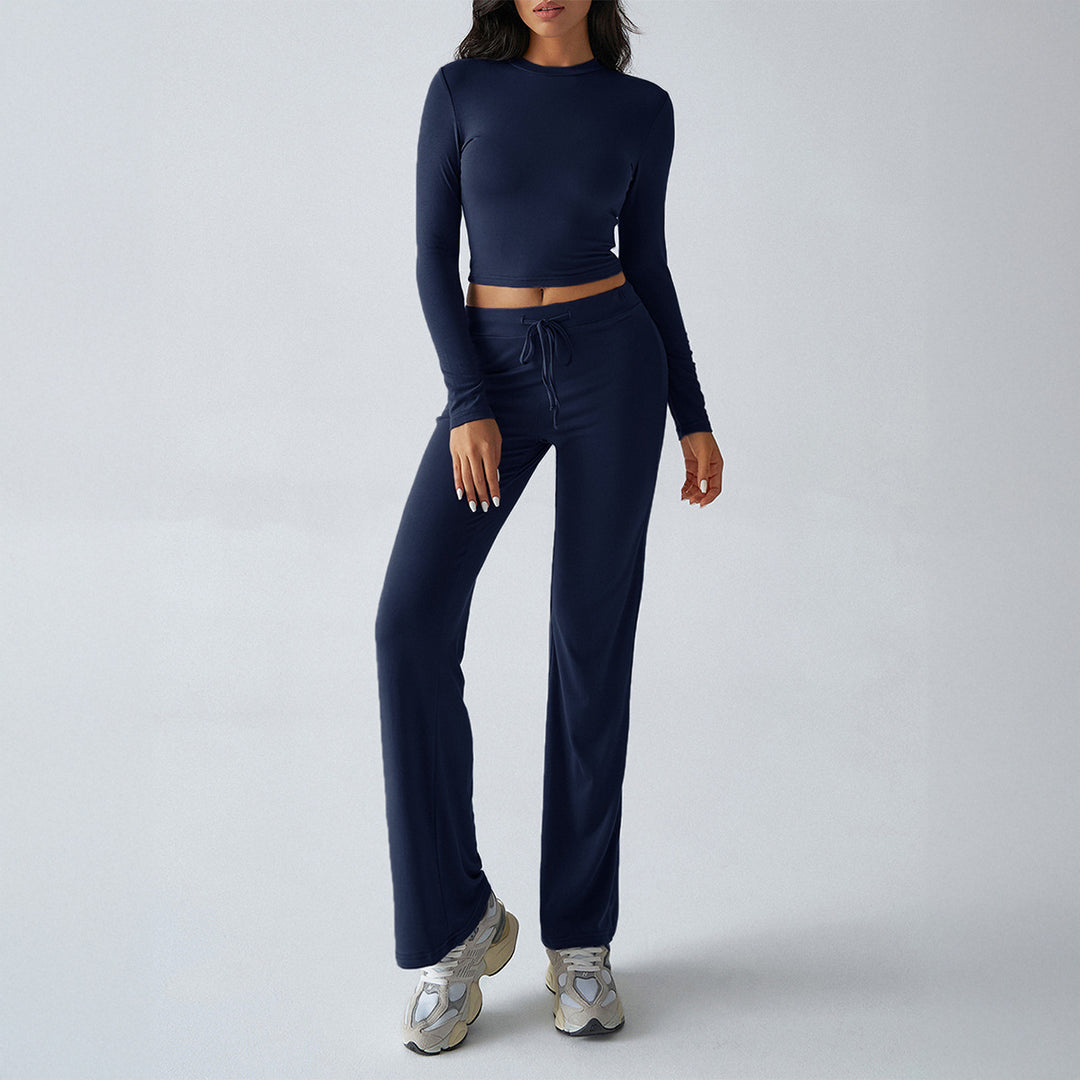Damen nan tailliertes Longsleeve-Crop-Top und weite Lounge-Hose im Zweiteiler-Set aus Stretchjersey Shop Nory