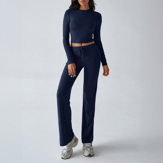 Damen nan tailliertes Longsleeve-Crop-Top und weite Lounge-Hose im Zweiteiler-Set aus Stretchjersey Shop Nory
