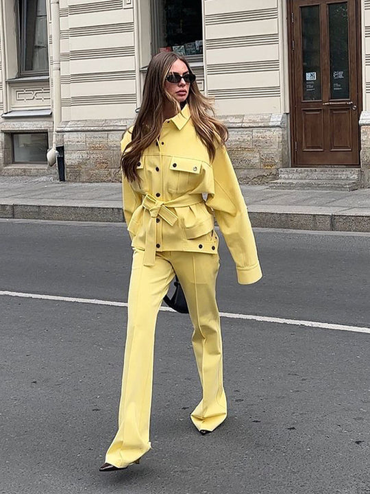 Damen Utility-Blazer mit Bindegürtel und hochtaillierter Bundhose Shop Nory