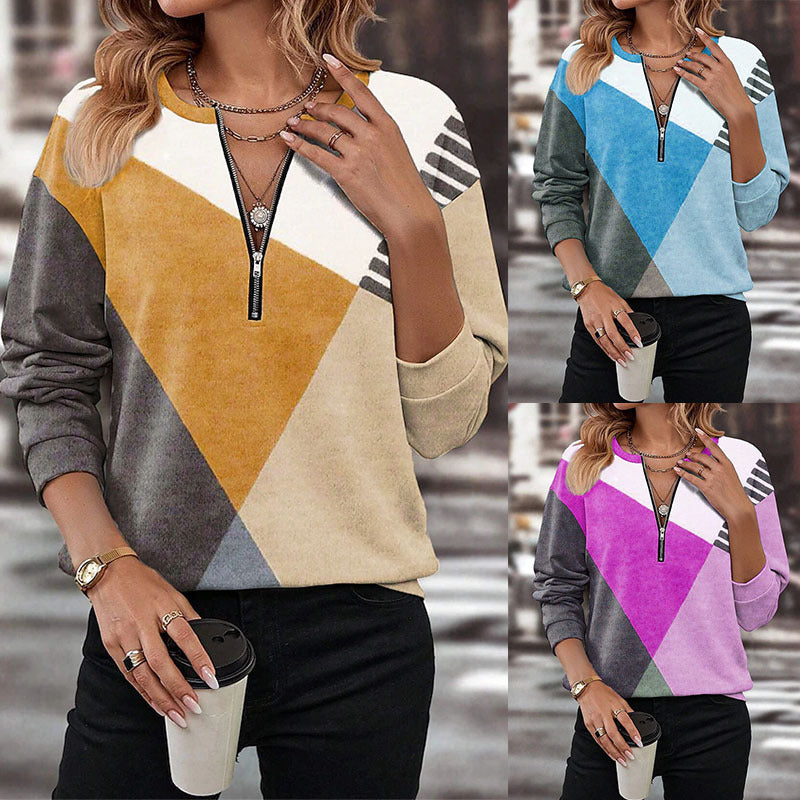 Damen Freizeitsweatshirt mit Halbzipp und geometrischem Farbkombinationsmuster Shop Nory