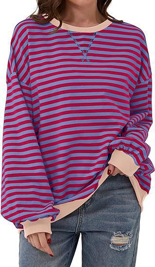 Damen Lässiges Oversize-Streifen-Sweatshirt mit Raglanärmeln und Kontrastbündchen Shop Nory