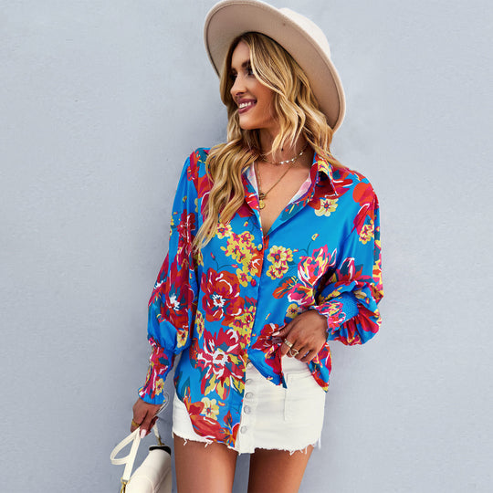 Damen nan lockere Hemdbluse mit floralem Alloverprint, Seidenoptik, smockärmeln und geknöpfter Vorderleiste Shop Nory