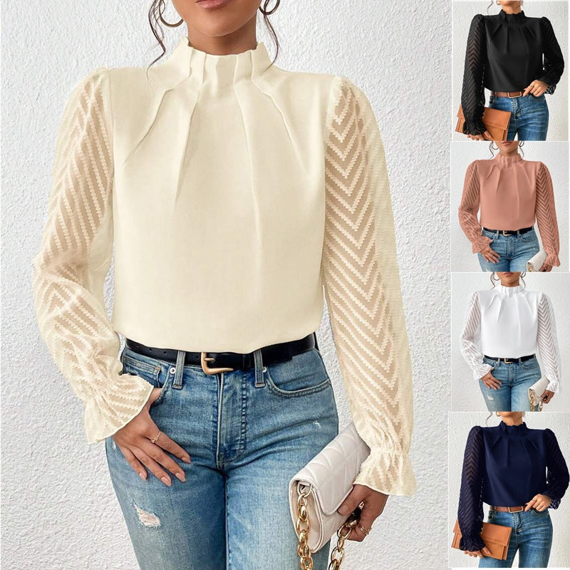 Damen Taillierte Chiffonbluse mit Stehkragen und transparenten Chevron-Ärmeln Shop Nory