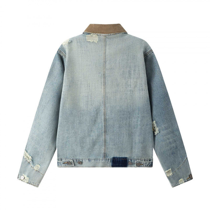Unisex Boxy-Denimjacke im Worker‑Look mit Cordkragen, Used‑Effekt und großen Brusttaschen Shop Nory