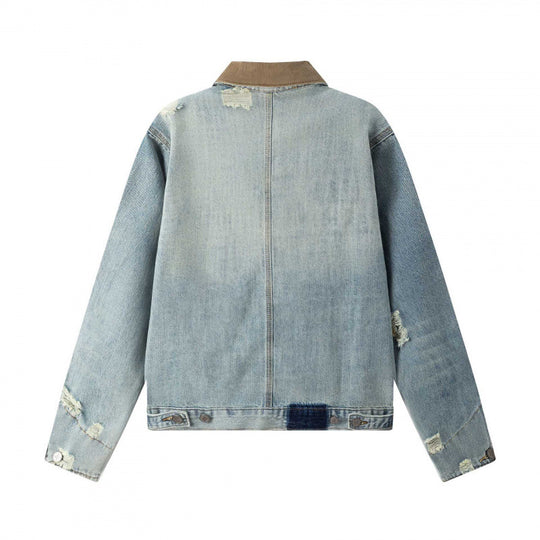 Unisex Boxy-Denimjacke im Worker‑Look mit Cordkragen, Used‑Effekt und großen Brusttaschen Shop Nory