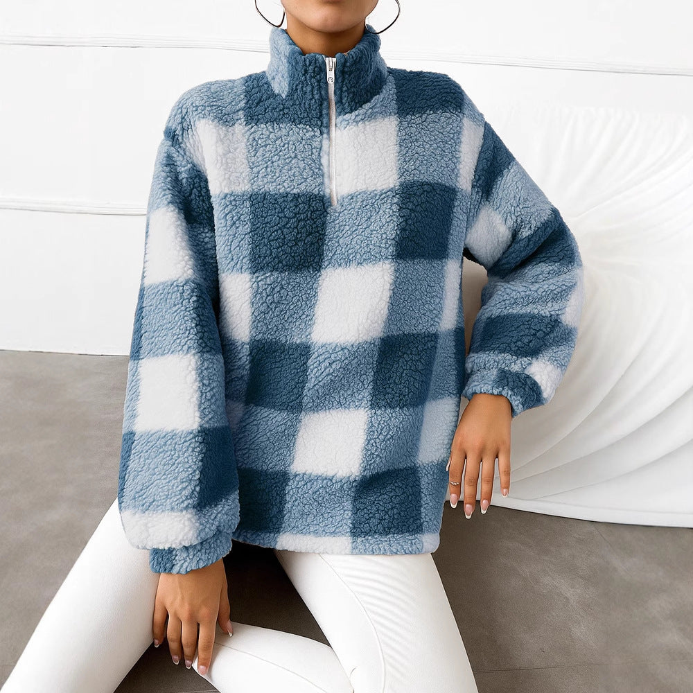 Damen nan kariertes Teddy-Fleece Pullover mit Stehkragen und halbhohem Reißverschluss Shop Nory