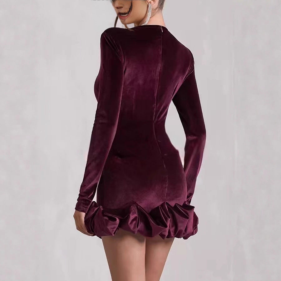 Damen Figurbetontes Cocktail-Minikleid aus Samt mit Volantkante und Langarm Shop Nory
