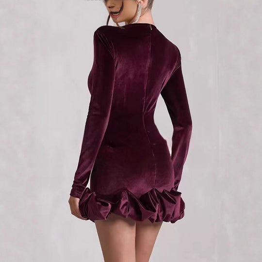 Damen Figurbetontes Cocktail-Minikleid aus Samt mit Volantkante und Langarm Shop Nory