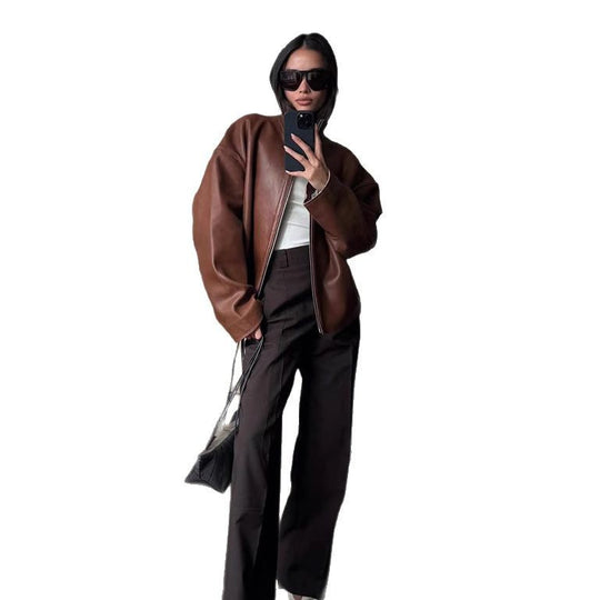 Damen Oversized Lederblouson mit soften Teddy-Innenfutter und Verdeckt-Reißverschluss Shop Nory