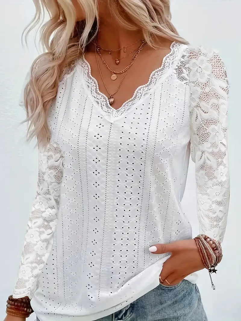 Damen Langarmbluse aus Lochstickerei mit Spitzen‑V‑Ausschnitt und floralem Netzärmel Shop Nory
