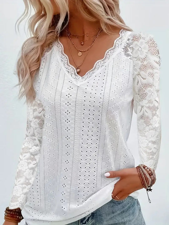 Damen Langarmbluse aus Lochstickerei mit Spitzen‑V‑Ausschnitt und floralem Netzärmel Shop Nory