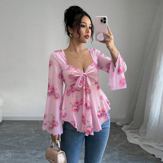 Damen florales Chiffon-Top mit Bindeschleife, Herzausschnitt, ausgestellten Glockenärmeln und tailliertem Schößchen Shop Nory