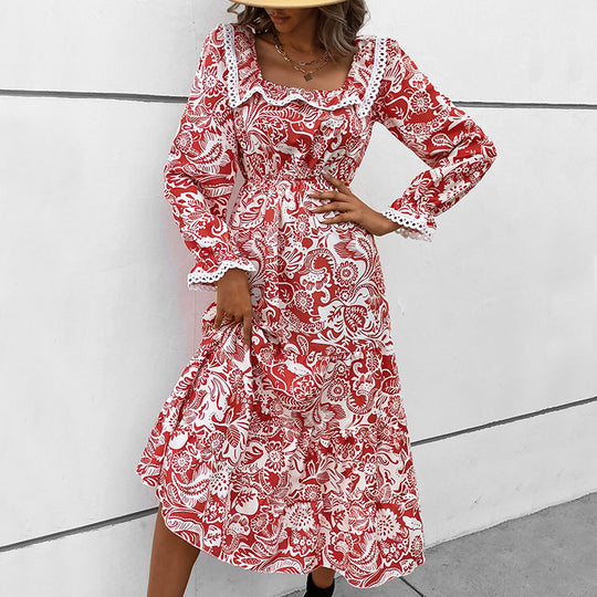 Damen Romantisches Midikleid im Boho‑Stil mit quadratischem Ausschnitt, Spitzenbesatz und Taillenzug Shop Nory