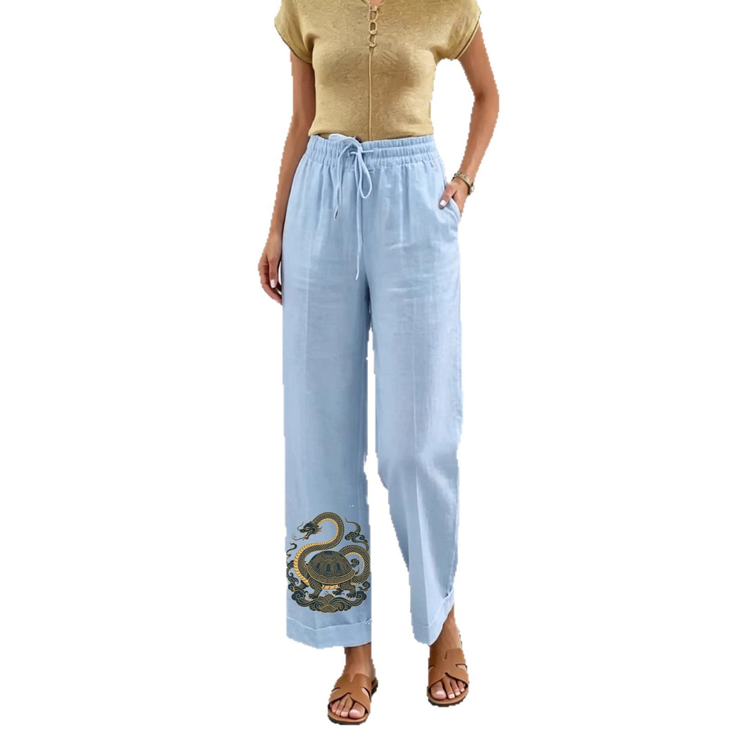 Damen nan lässige Leinen-Baumwoll Culotte mit elastischem Bund und Tigerstickerei Shop Nory