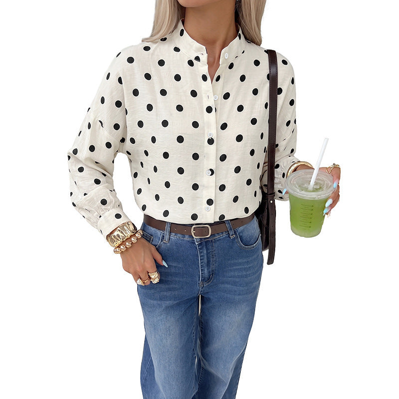 Damen gepunktete Viskose-Bluse mit Stehkragen und Perlmuttknöpfen Shop Nory