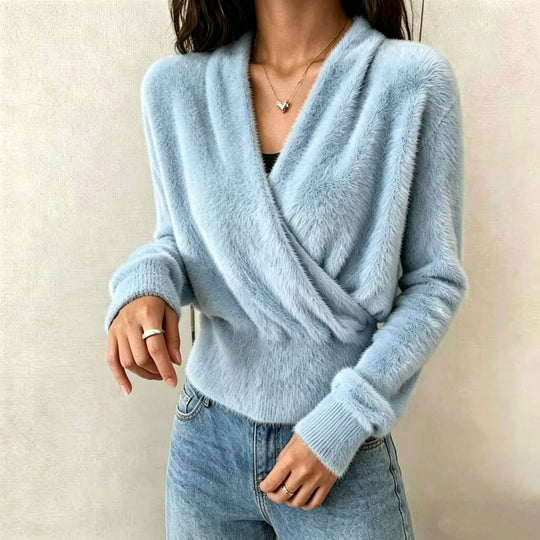 Damen Kuscheliger Wickel‑Pullover aus Faux‑Fur mit tiefem V‑Ausschnitt Shop Nory