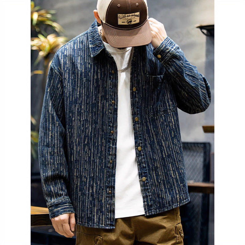 Herren Denim-Overshirt mit vertikaler Strukturprägung und Druckknopfleiste Shop Nory