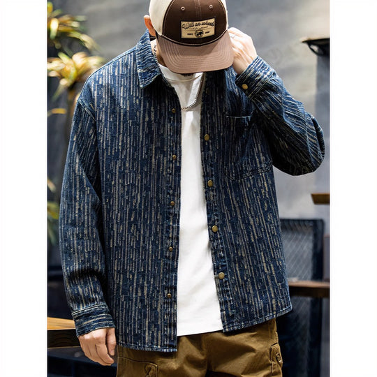 Herren Denim-Overshirt mit vertikaler Strukturprägung und Druckknopfleiste Shop Nory
