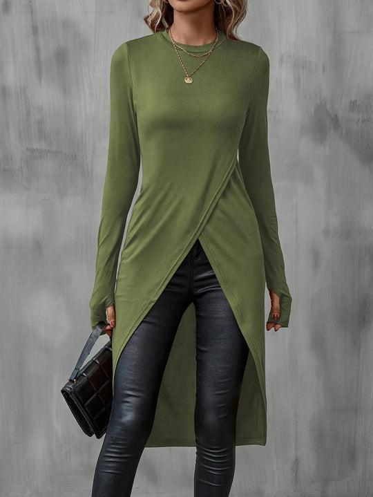 Damen Langes asymmetrisches Wickel-Tunika-Top mit Frontschlitz Shop Nory
