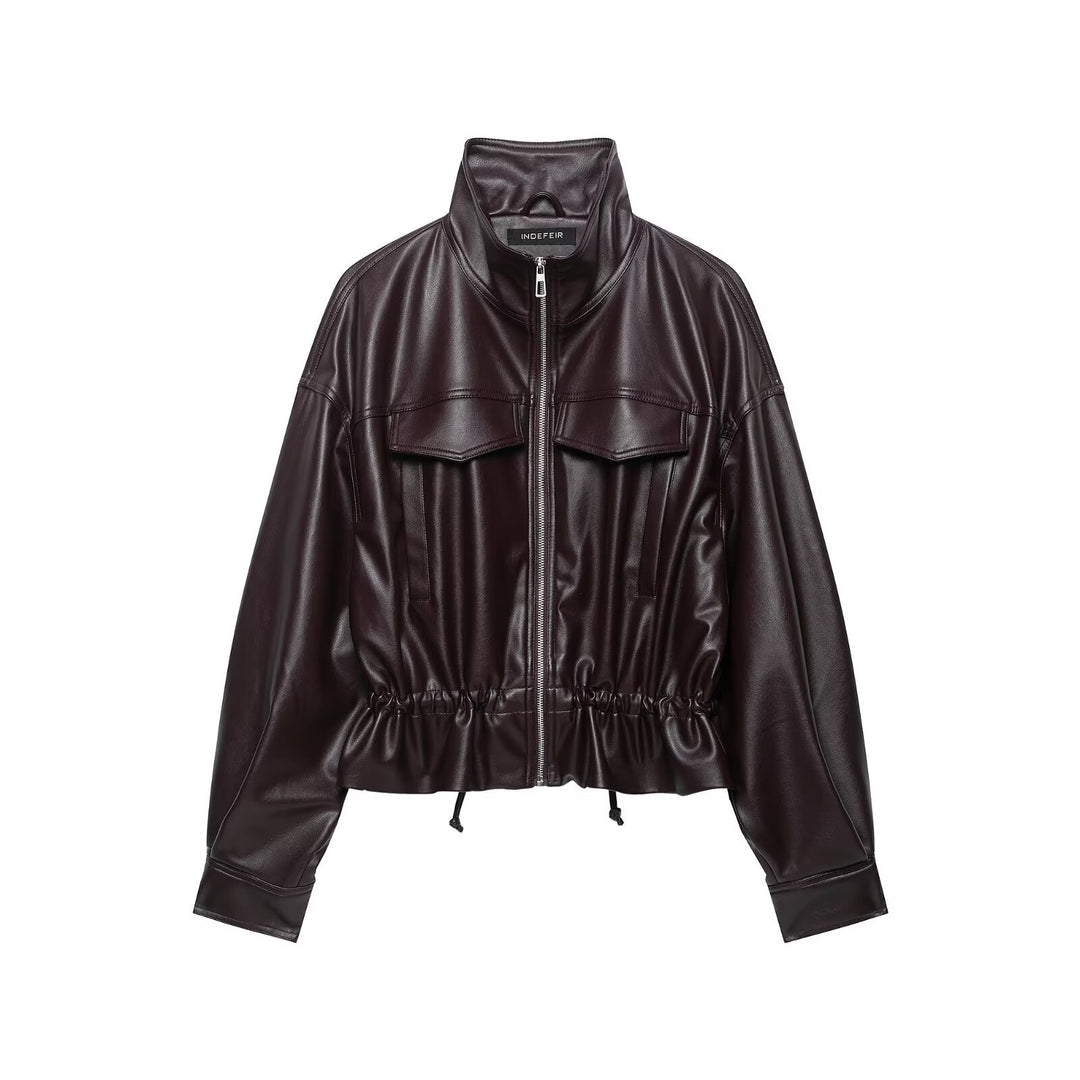 Damen Oversize Kunstleder-Bomberjacke mit Funnelkragen, Tunnelzug-Taille und Pattentaschen Shop Nory