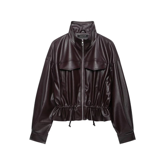 Damen Oversize Kunstleder-Bomberjacke mit Funnelkragen, Tunnelzug-Taille und Pattentaschen Shop Nory