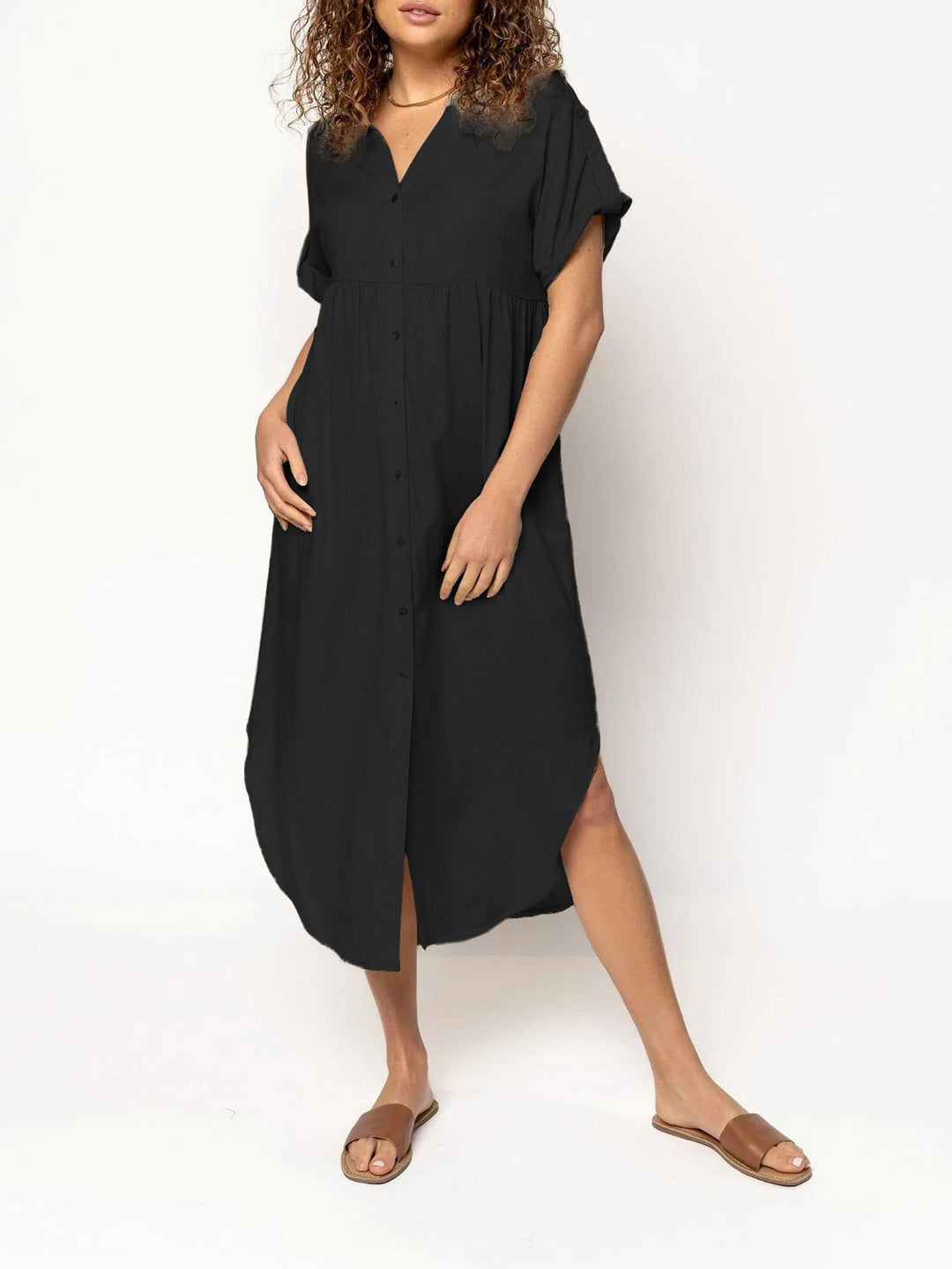 Damen Midikleid mit Knopfleiste, V‑Ausschnitt und legerer Babydoll-Passform Shop Nory
