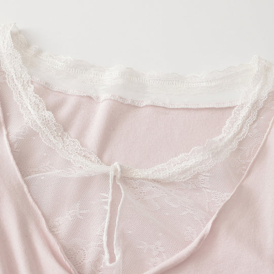 Damen Langarm-Feinjersey-Top mit Spitzen-Einsatz, Knotenfront und Raffung Shop Nory