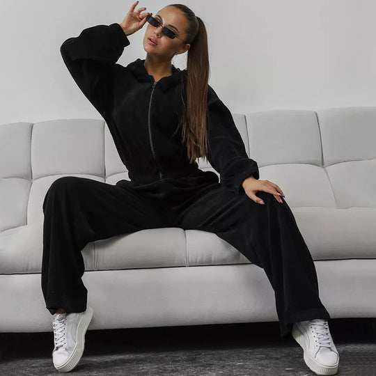 Damen Velours-Loungewear-Set mit kurzem Reißverschluss-Hoodie und weiter hochgeschnittener Palazzohose Shop Nory