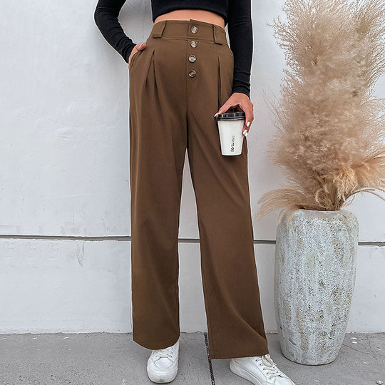 Damen Hochtaillierte weite Stoffhose mit Zierknopfleiste und Bundfalten Shop Nory