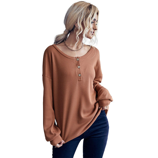 Damen Waffelstrick-Pullover mit Henley-Knopfleiste und überschnittener Schulter Shop Nory