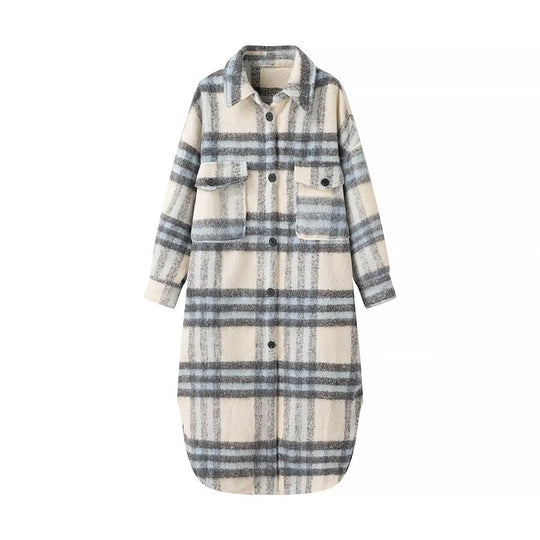Damen Langer karierter Teddy‑Mantel in Shirtjacken‑Optik mit Hemdkragen und aufgesetzten Taschen Shop Nory