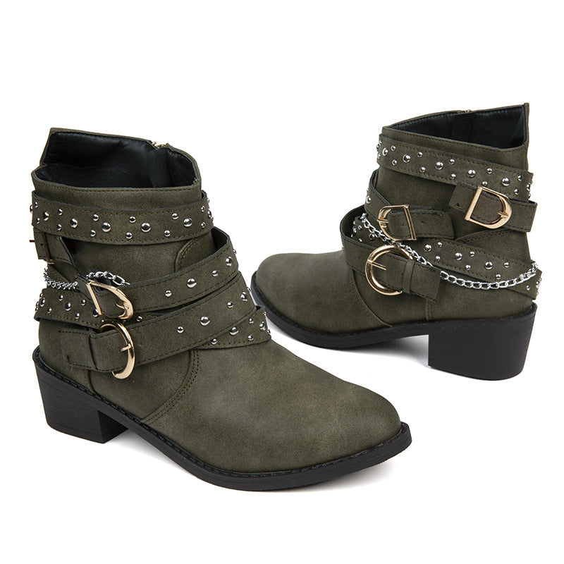 Damen Stiefeletten mit modischen Schnallen und dekorativen Nieten