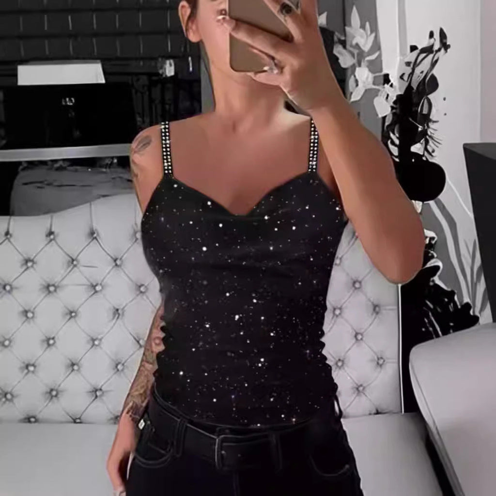 Damen Elegante Spaghetti-Träger Top mit Glitzer-Details