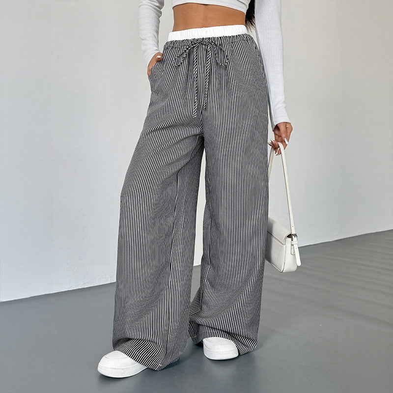 Damen Weite Streifen-Hose im Palazzo-Stil mit Smok-Taillenbund und Kordelzug Shop Nory