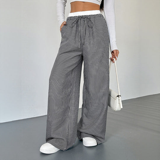 Damen Weite Streifen-Hose im Palazzo-Stil mit Smok-Taillenbund und Kordelzug Shop Nory