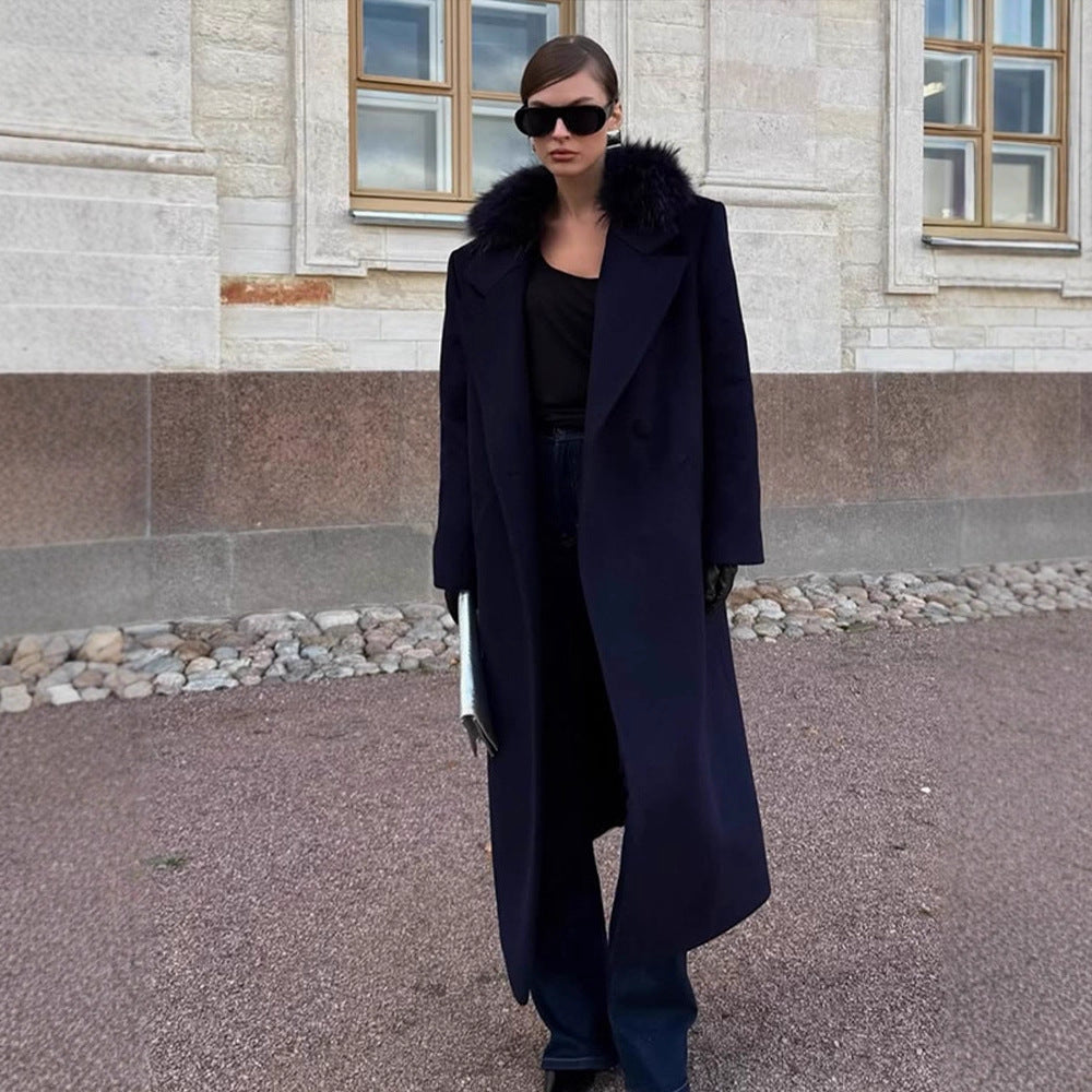 Damen langer Wollmix-Mantel mit großzügigem Kunstpelz‑Schalkragen und Oversize‑Schnitt Shop Nory