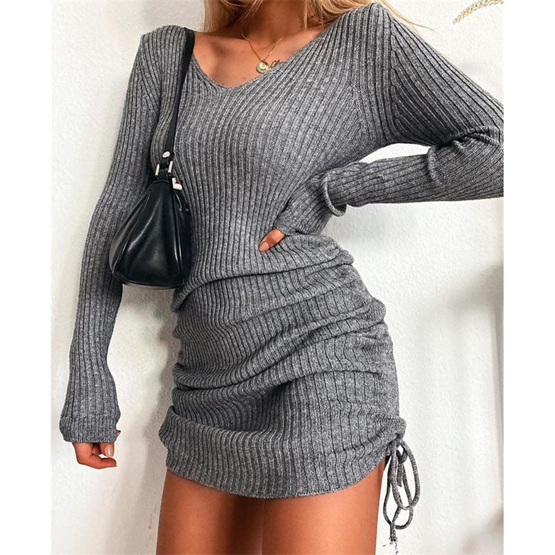 Damen Figurbetontes Rippstrick-Minikleid mit langen Ärmeln und seitlicher Raffung Shop Nory