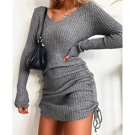 Damen Figurbetontes Rippstrick-Minikleid mit langen Ärmeln und seitlicher Raffung Shop Nory