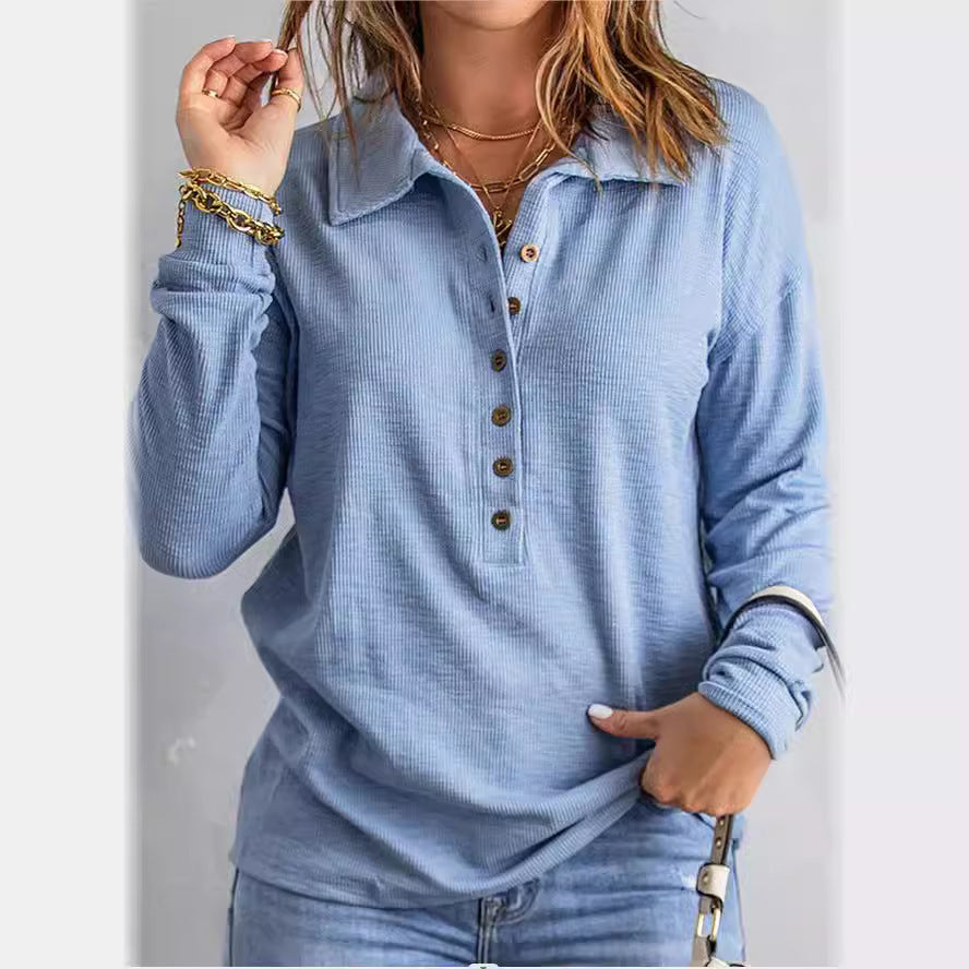 Damen Geripptes Langarm-Polohemd mit Knopfleiste und Hemdkragen Shop Nory