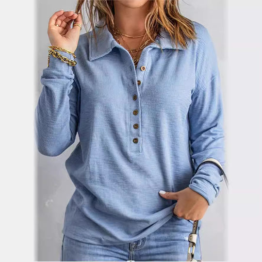 Damen Geripptes Langarm-Polohemd mit Knopfleiste und Hemdkragen Shop Nory