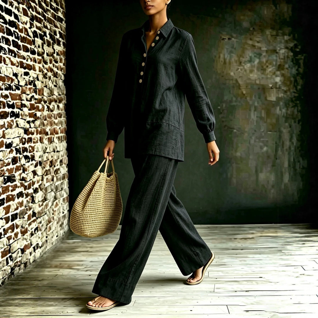 Damen Tunika-Hose Set aus Leinenoptik mit Hemdkragen und weitem Schnitt Shop Nory