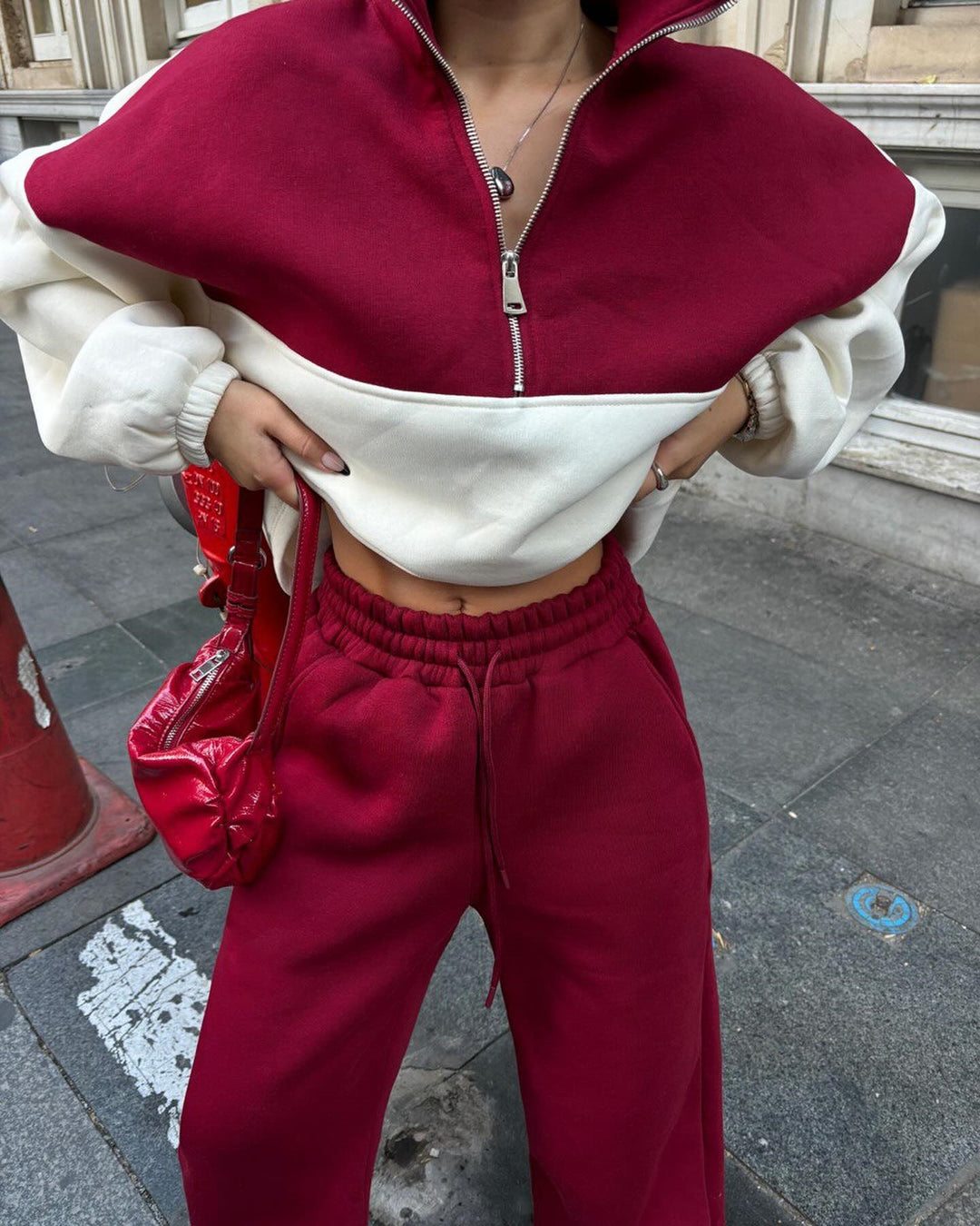 Damen Oversized Zweifarbiges Half-Zip Loungewear-Set mit Stehkragen und weitem Palazzo-Jogger Shop Nory
