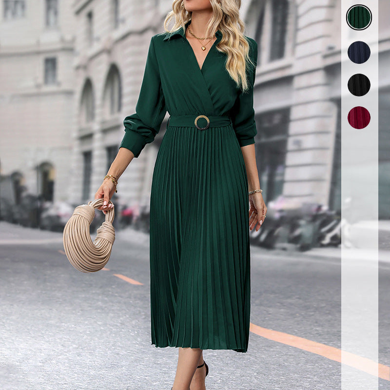 Damen Plissiertes Wickel-Midikleid mit Hemdkragen, Taillengürtel und langen Manschettenärmeln Shop Nory